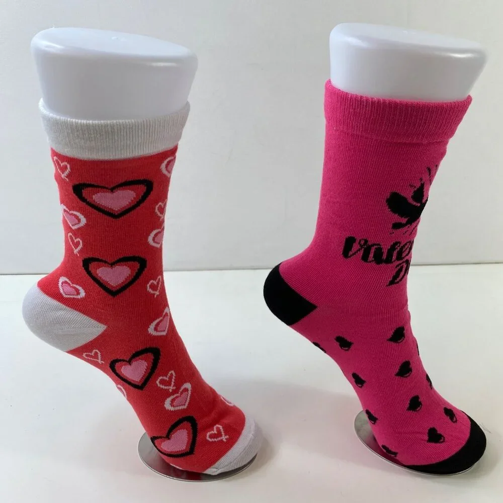Womens Valentines Day Socks 2-Pack - Hearts Cupid Fun Design Pink/Red Crew Sock